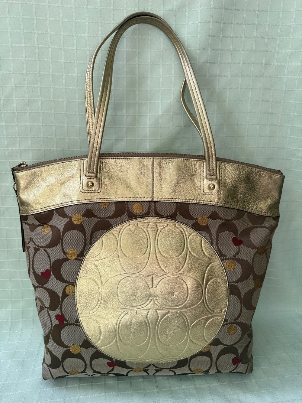 Coach Vintage Gold and Brown Signature Circle Tote